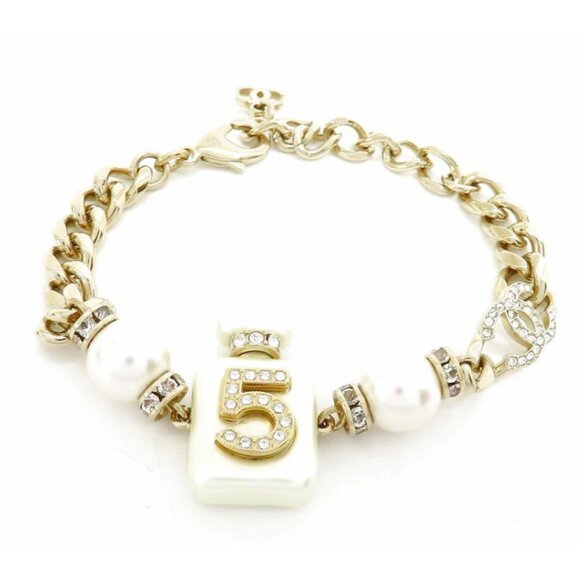 CHANEL CC Logos Rhinestone Pearl No.5 Bracelet 7.5" Gold Tone A22S Auth - Picture 1 of 10
